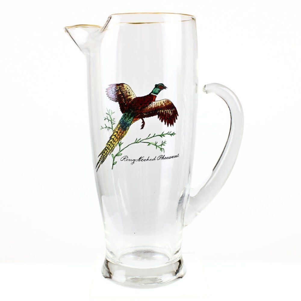 Cocktail Pitcher Rare Ring-Necked Pheasant Hand Painted Gold Rim Weighted Bottom
